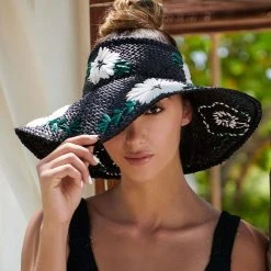 Nikki Beach Fleur Raffia Straw Crownless Sun Hat -Brixton Hats shop 429671